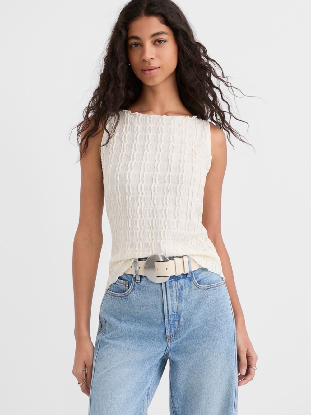 LOFT Cream Textured Sleeveless Square-Neck Tank